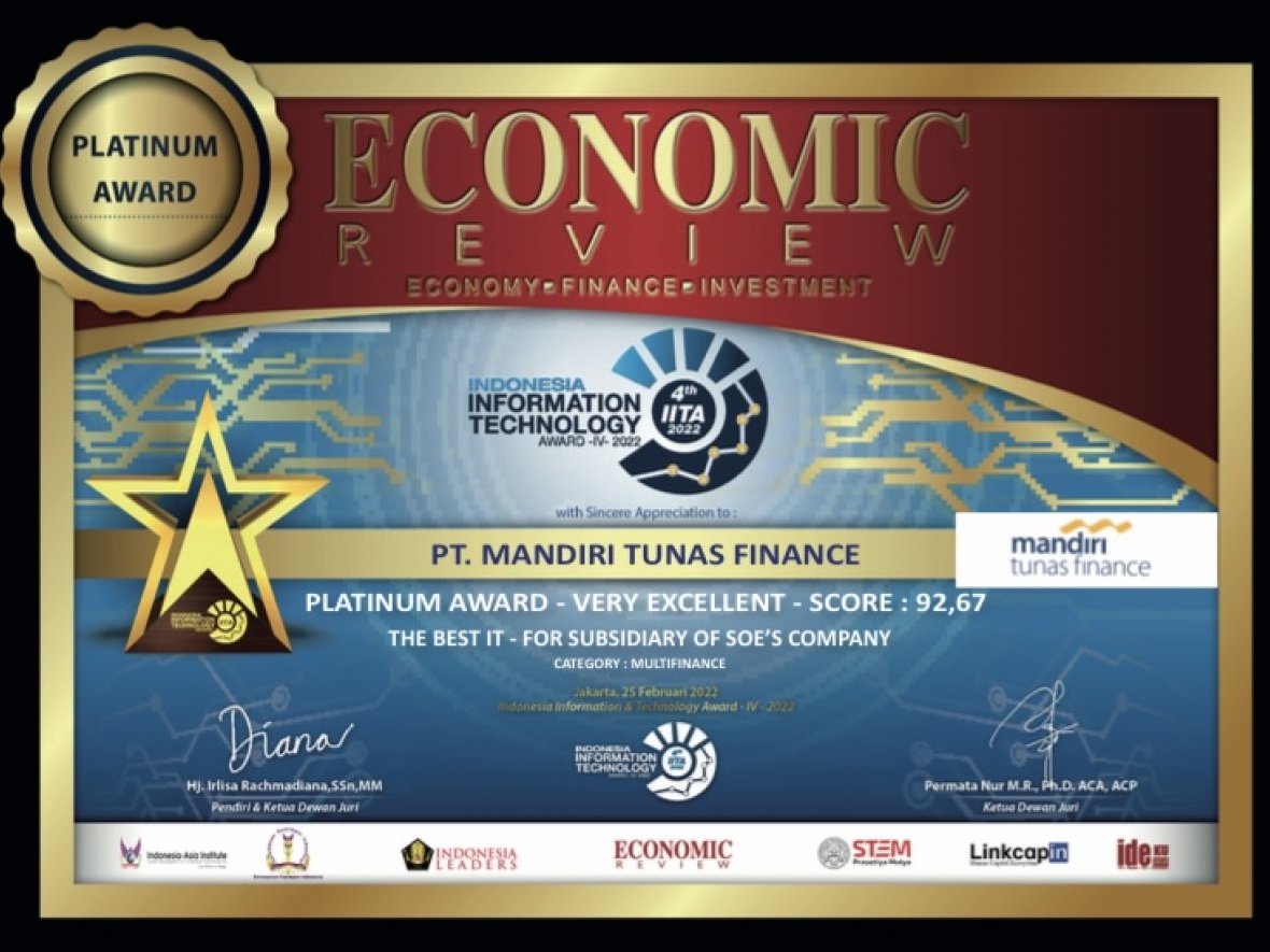 Mandiri Tunas Finance Wins Platinum Award – The Best IT For Subsidiary of Soe's Company In Multifinance Category at the Indonesia Information Technology Award 2022